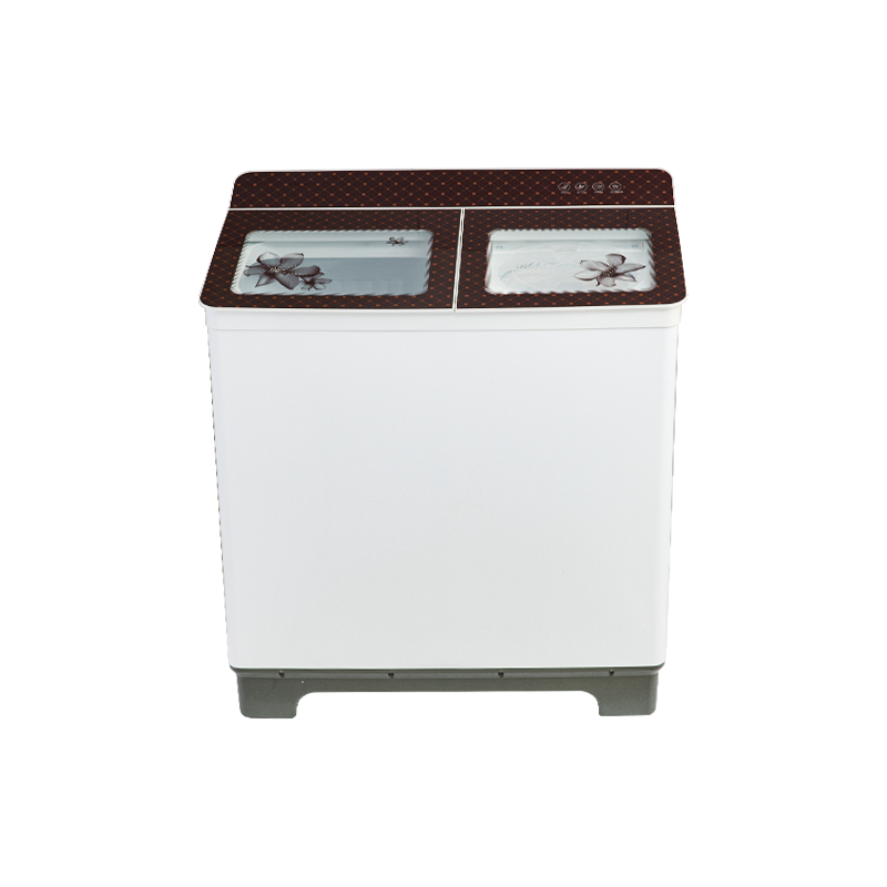 10.5kg semi-automatic double tub washing machine with tempered glass lid, available with damper (soft closing wash lid), two water inlets with rotating shower, double layer plastic body.