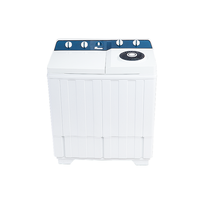 11.0kg semi-automatic double tub washing machine with opaque plastic lid, swivel lid with air drying function, one water inlet with selector and swivel shower, single layer plastic body.
